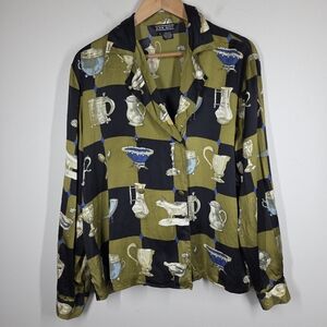 Vtg 80s Ann May Silk Button Up Tea Kettle Heirloom Checkered Large Artsy Retro